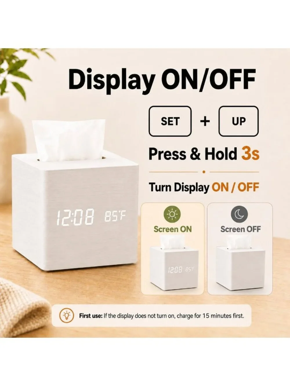 Home White Digital Cordless Alarm Temperature Display Wooden Tissue Box Clock